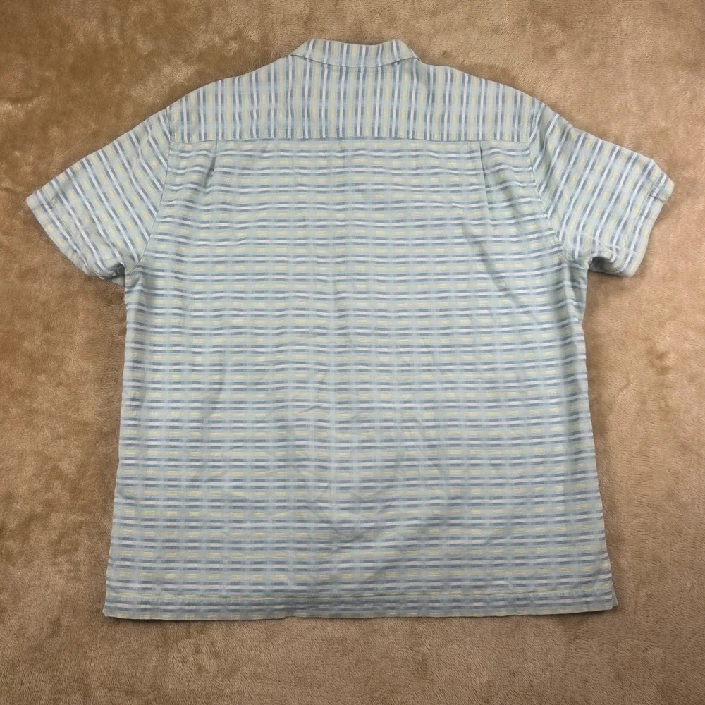 Tommy Bahama Mens XXL Blue Yellow Silk Cotton Textured Stripe Short Sleeve Shirt